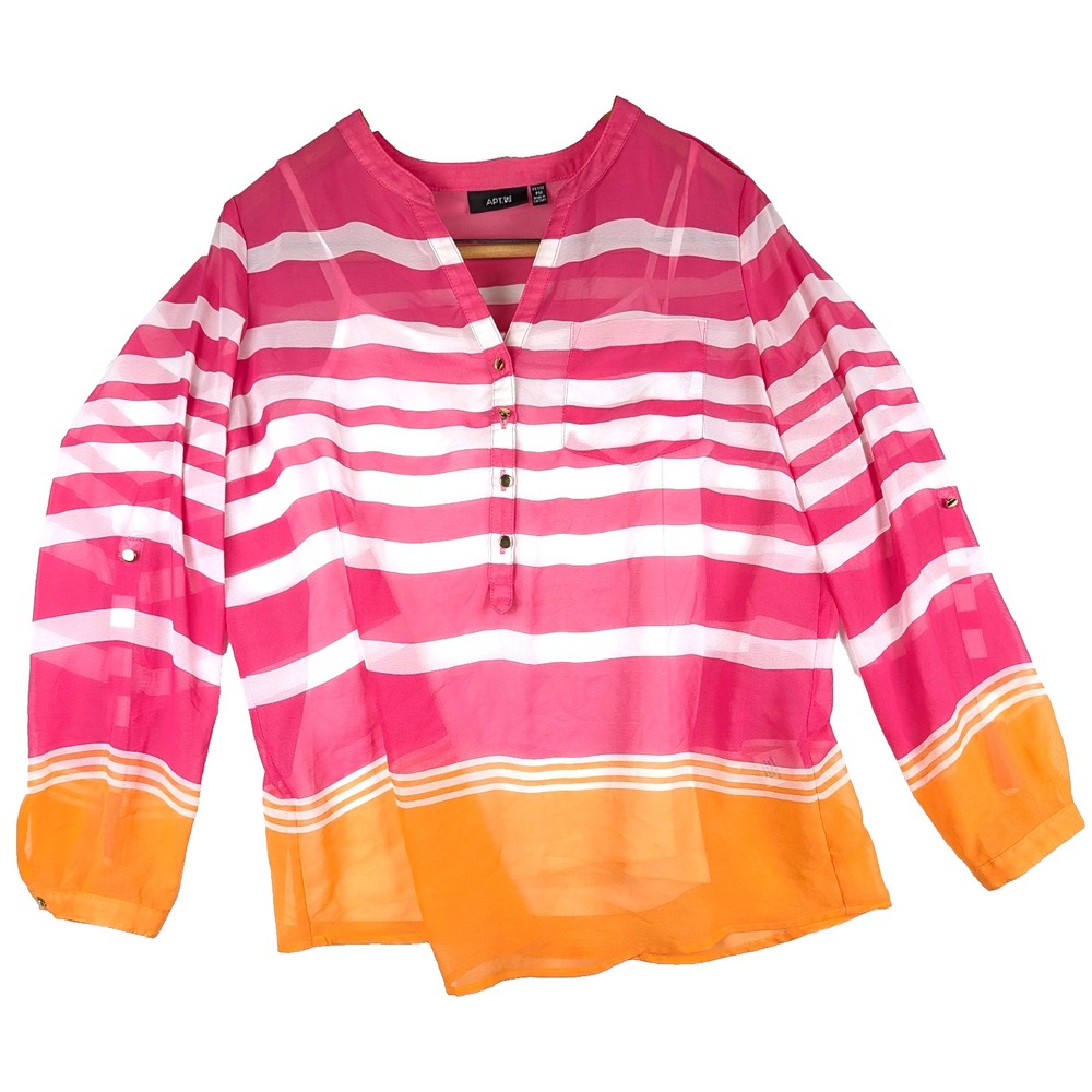 Apt 9 PM Sheer Pink Orange Stripe Roll Tab Long Sleeve W/ Tank Top Layered